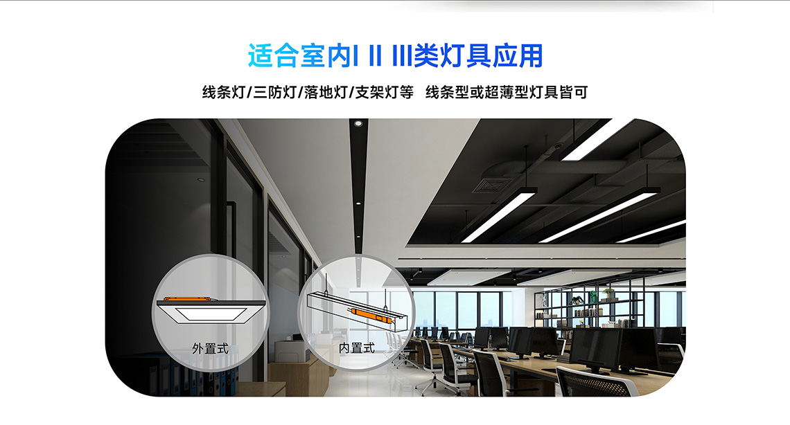 适合室内Ⅰ、Ⅱ、Ⅲ类灯具应用