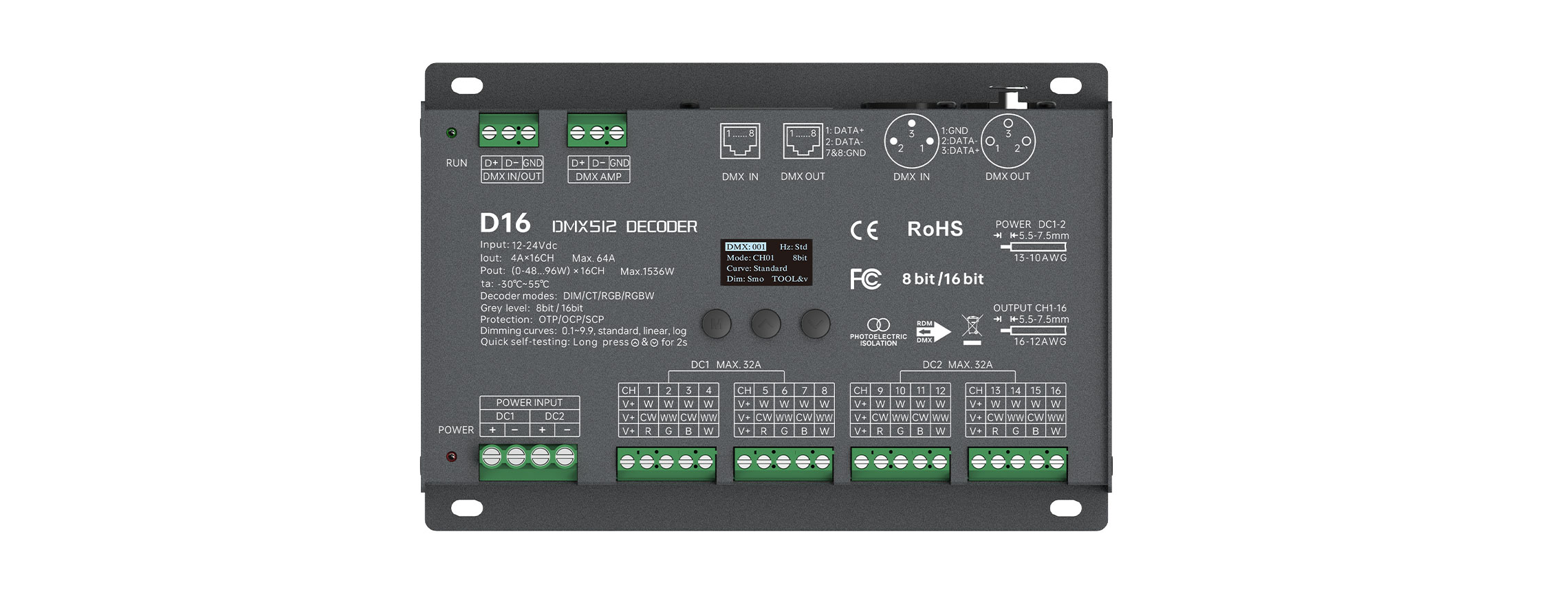 12-24VDC 16CHx4A CV DMX512/RDM Decoder D16