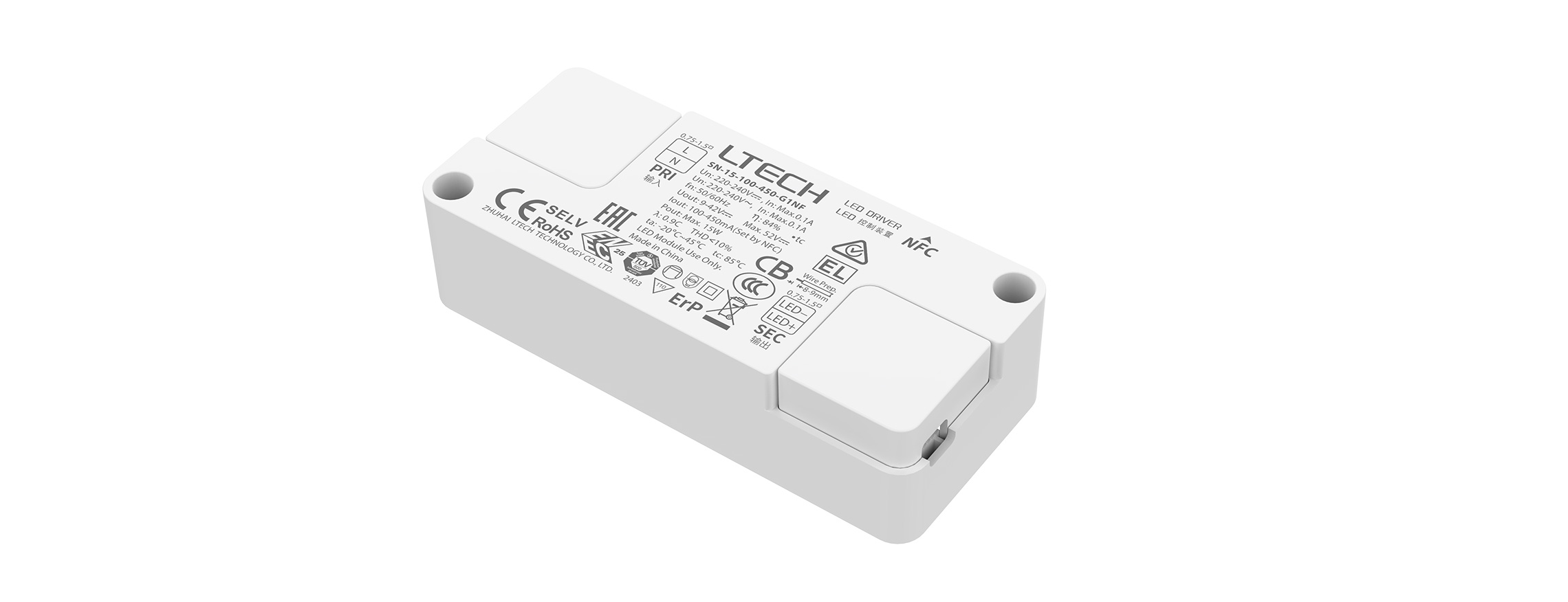 15W超小体积NFC可编程非调光恒流缓启动电源 SN-15-100-450-G1NF